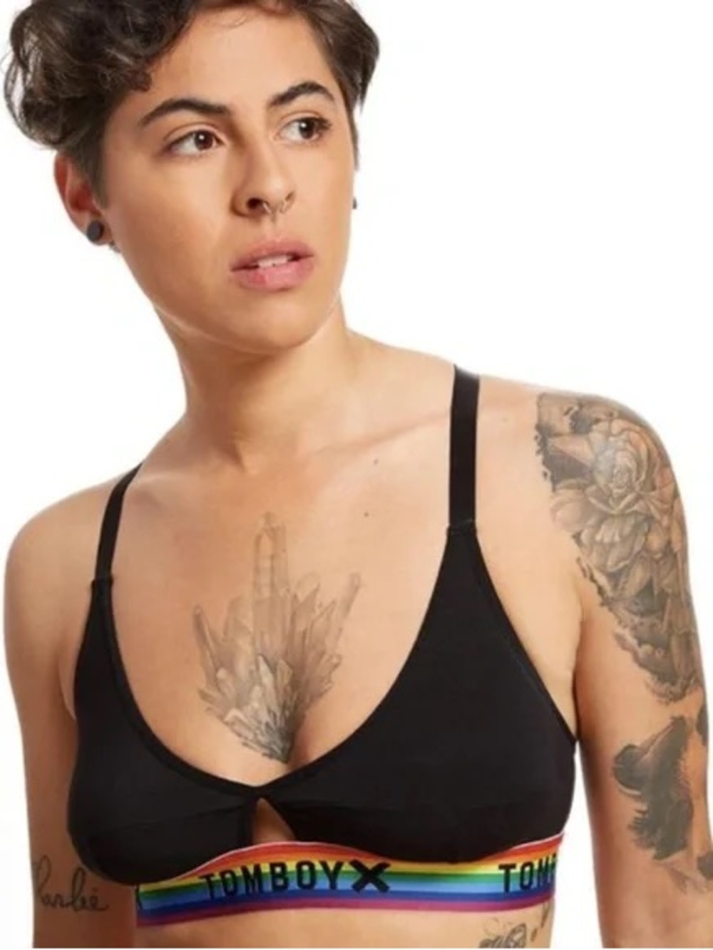 TomboyX Cross Strap Bralette in Black With Pride Strap, Size XL